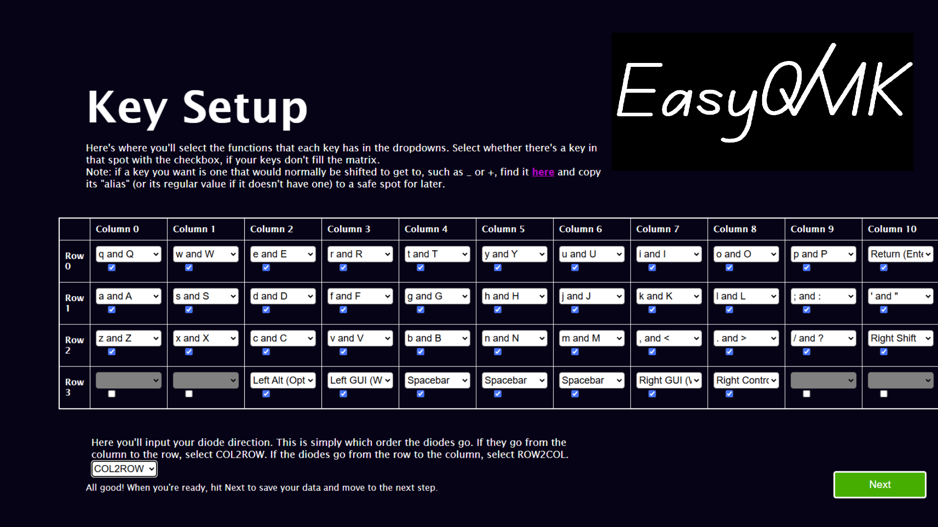 EasyQMK's Key Setup Page